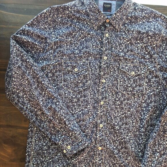 Benson Mens Long-Sleeve Navy Floral Button-Down Shirt With Chest Pockets & Adjus - Picture 4 of 8